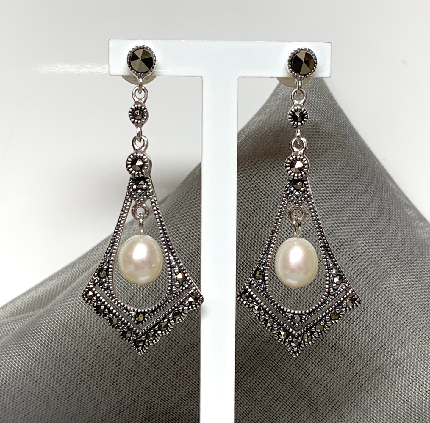 Real pearl and marcasite drop earrings sparkling V shaped dangling