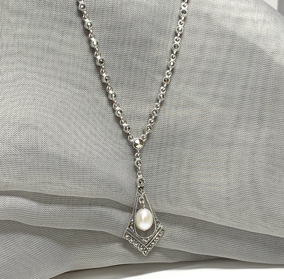 Real pearl and marcasite necklace sparkling V shaped pendant