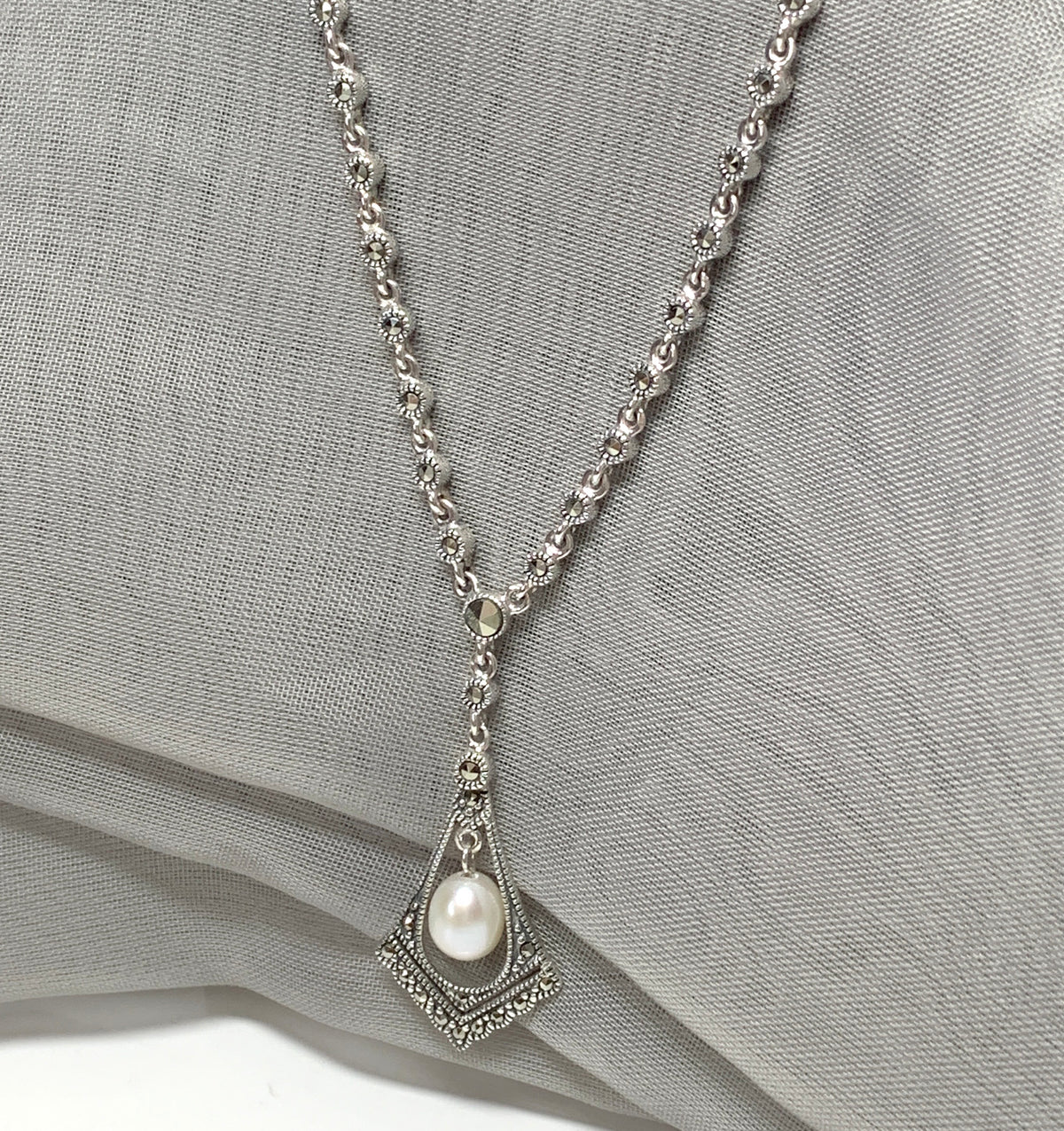 Real pearl and marcasite necklace sparkling V shaped pendant