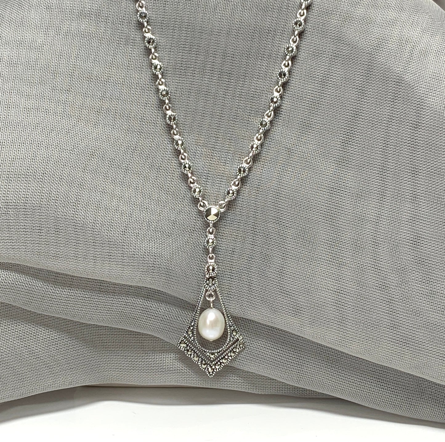 Real pearl and marcasite necklace sparkling V shaped pendant