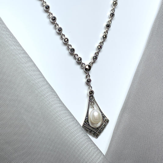 Real pearl and marcasite necklace sparkling V shaped pendant