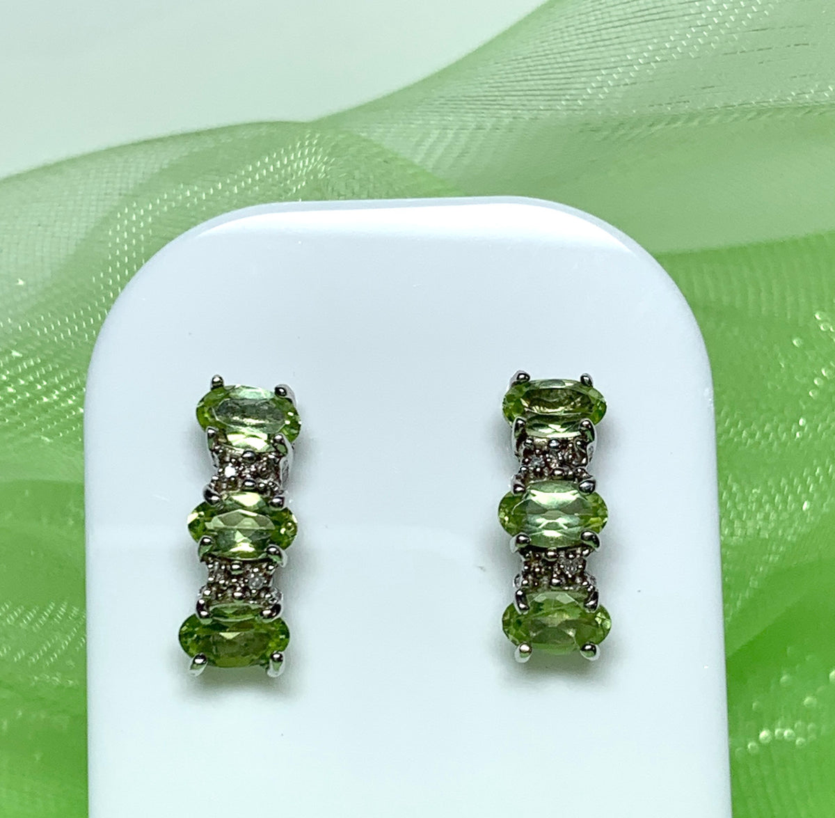 Real peridot and diamond earrings green curved sterling silver stud dropped