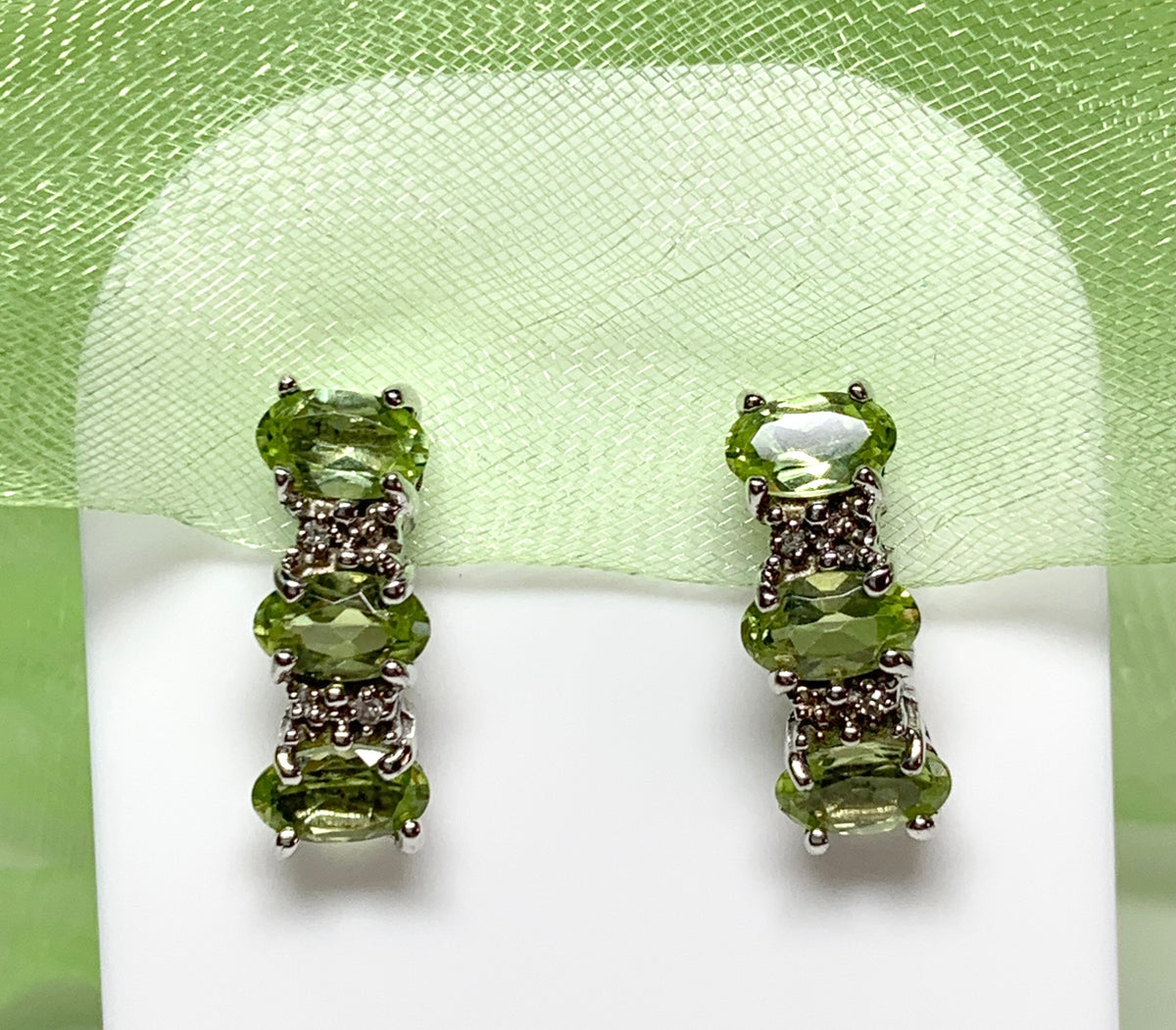 Real peridot and diamond earrings green curved sterling silver stud dropped