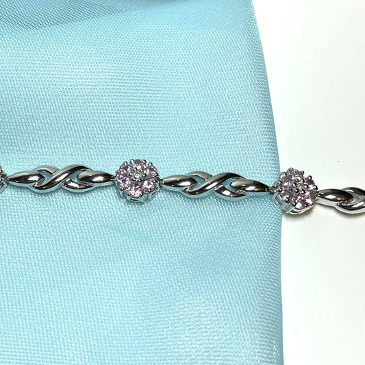 Real pink sapphire and diamond white gold daisy flower bracelet