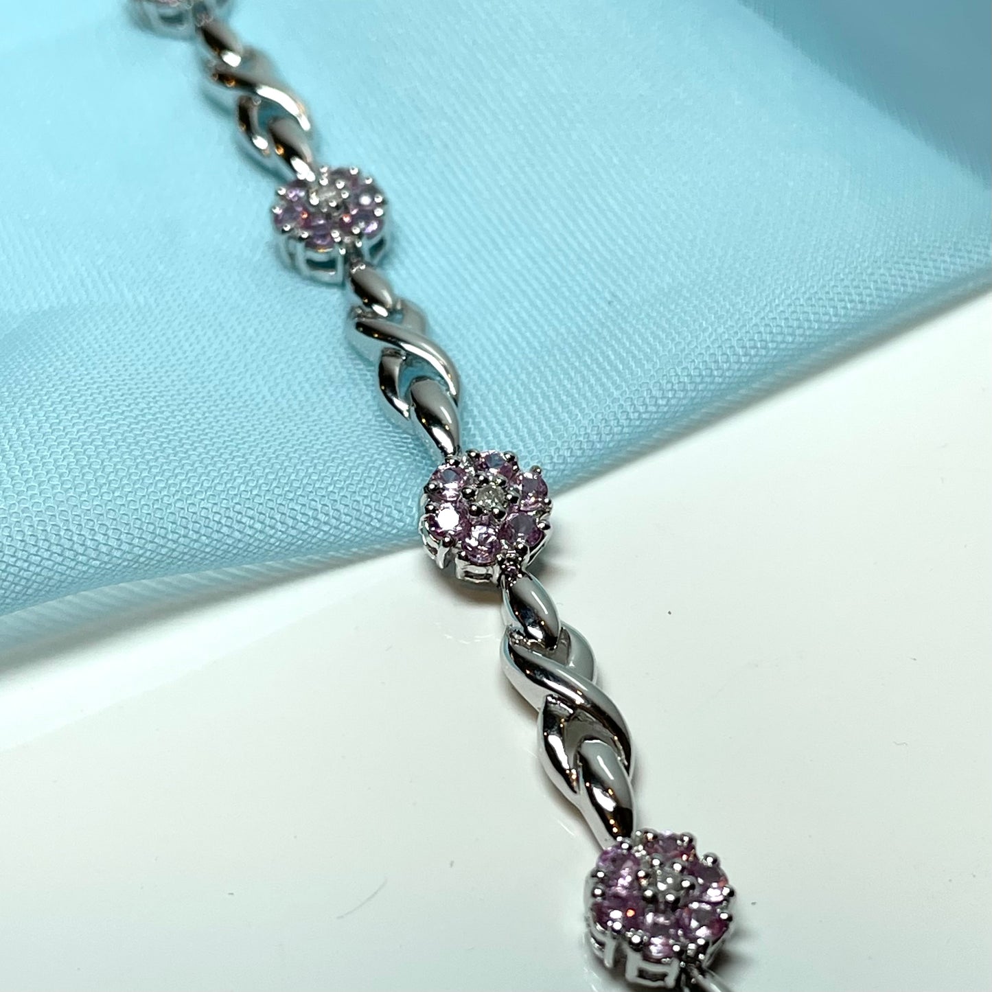 Real pink sapphire and diamond white gold daisy flower bracelet