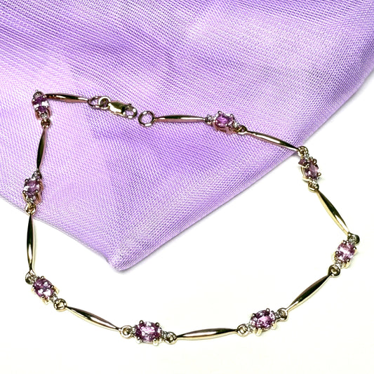 Real pink sapphire and diamond yellow gold bracelet