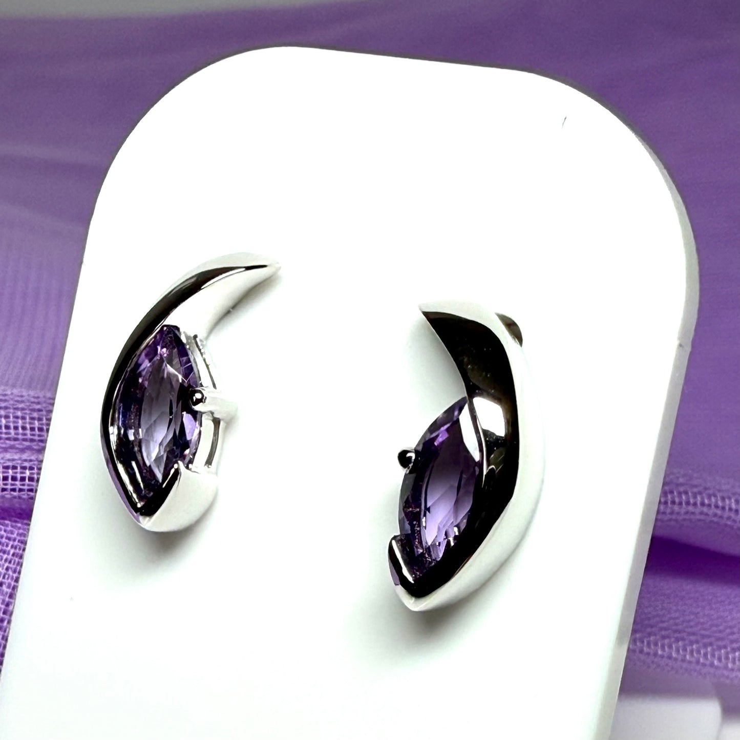 Real purple amethyst earrings fancy stud swirl marquise shape