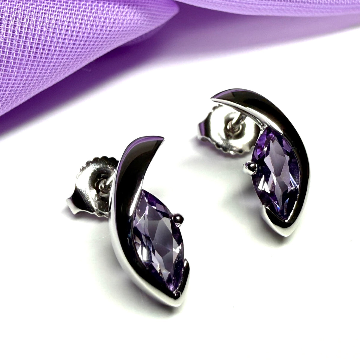 Real purple amethyst earrings fancy stud swirl marquise shape