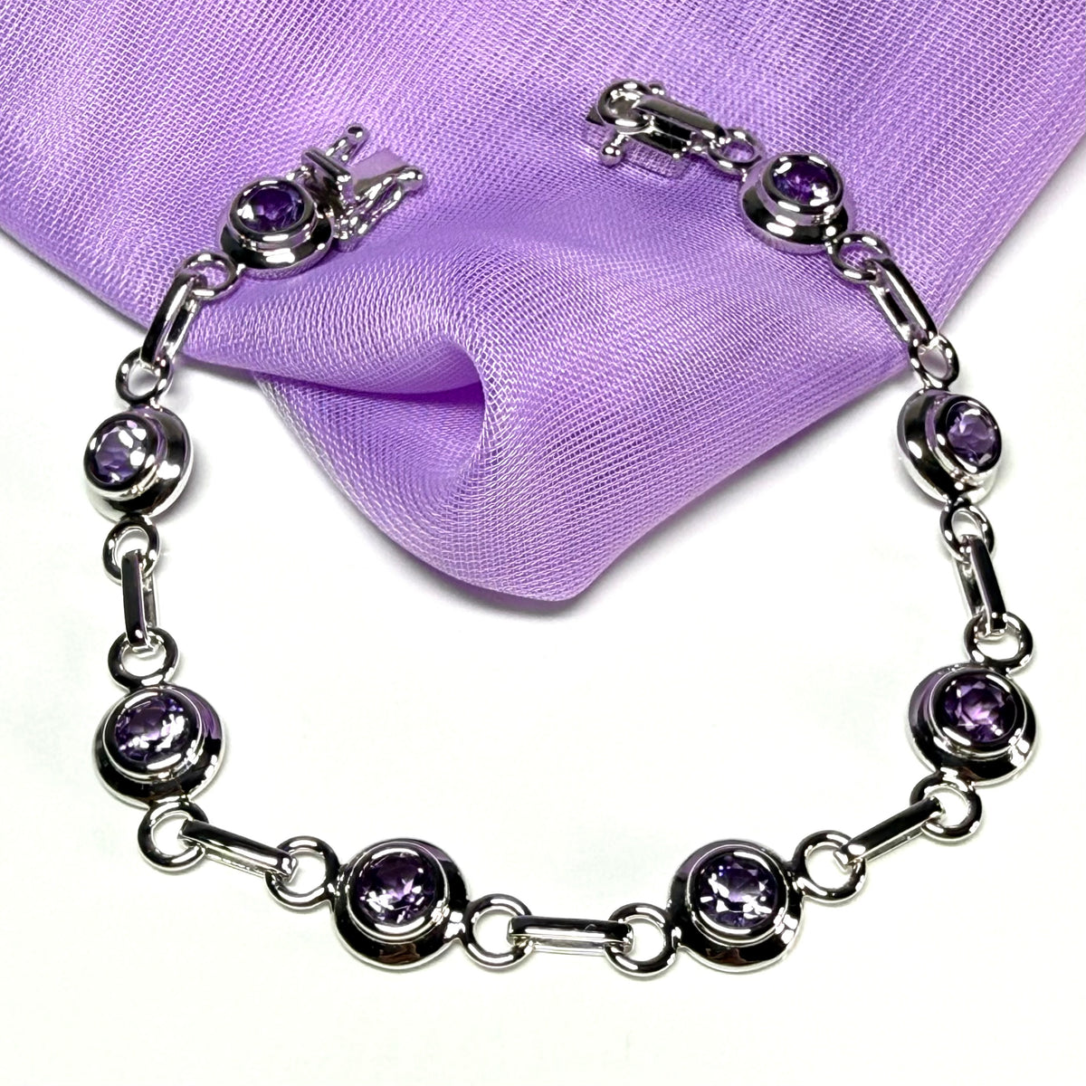 Real purple amethyst fancy round link sterling silver bracelet