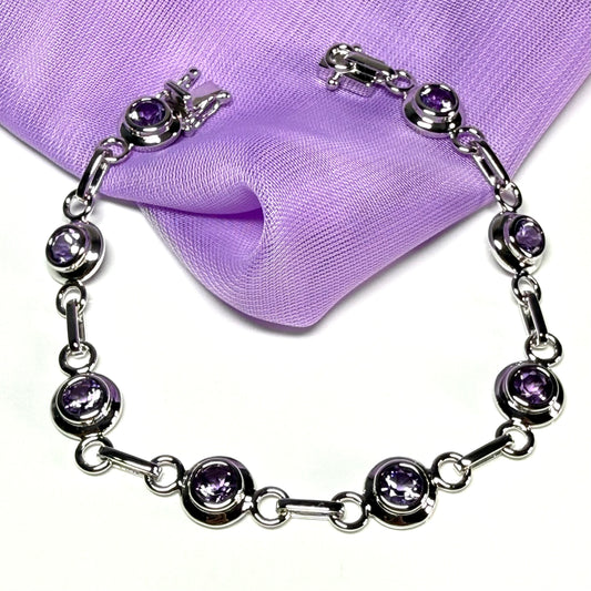 Real purple amethyst fancy round link sterling silver bracelet