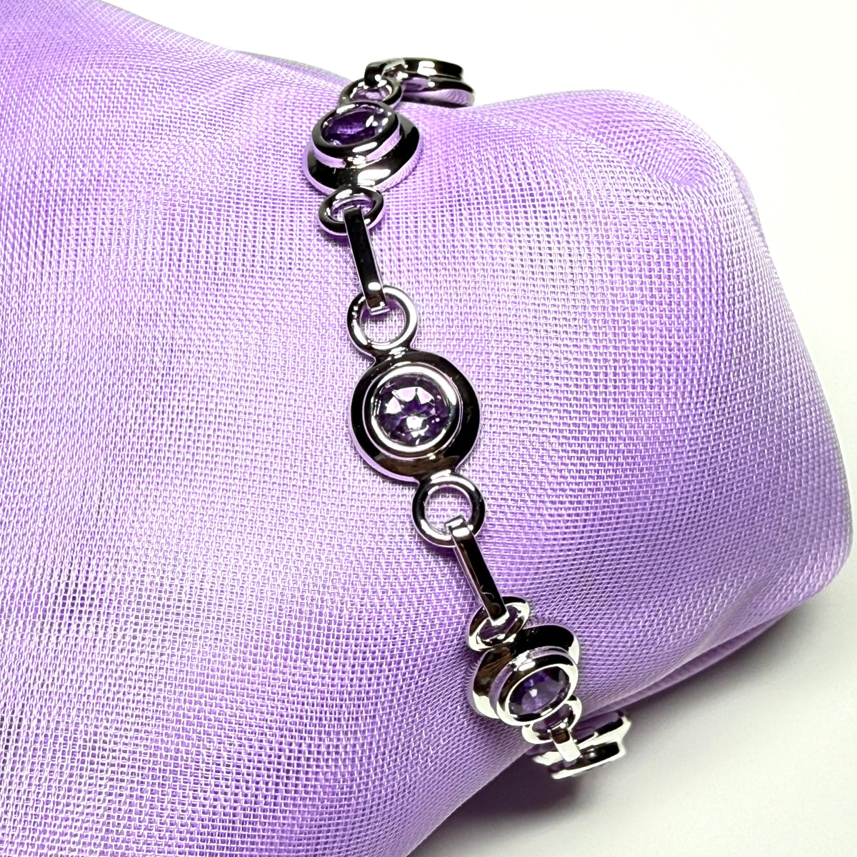 Real purple amethyst fancy round link sterling silver bracelet