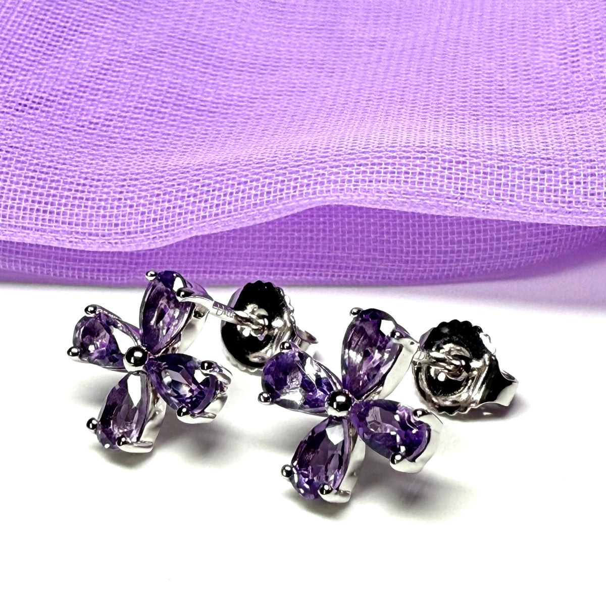 Real purple amethyst flower petal shaped stud earrings sterling silver