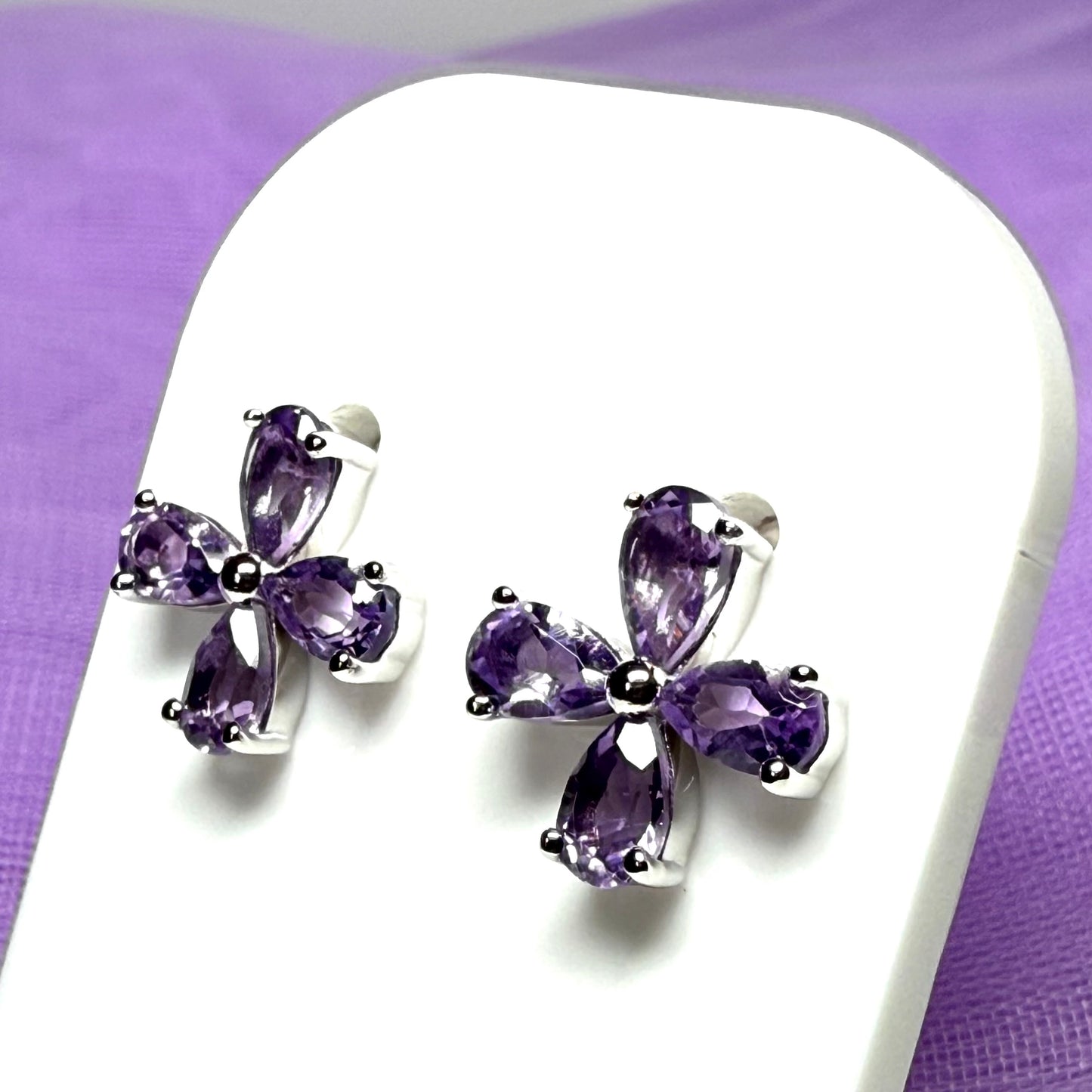 Real purple amethyst flower petal shaped stud earrings sterling silver