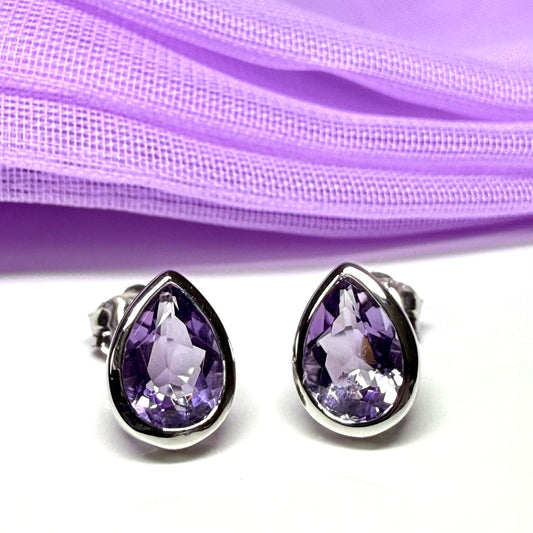 Real purple amethyst stud earrings pear shaped white gold teardrop