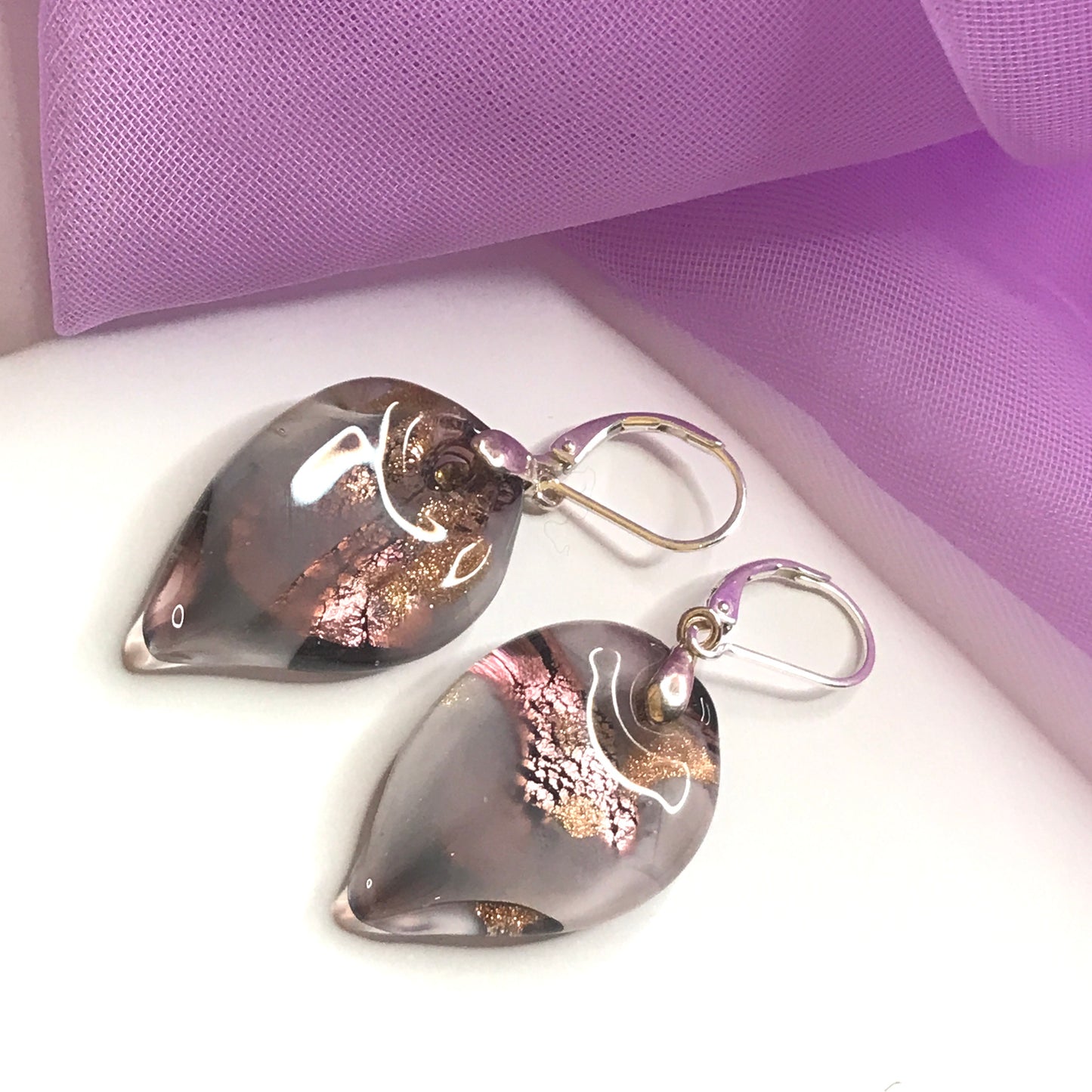Real purple grey Murano glass drop earrings leaf shaped
