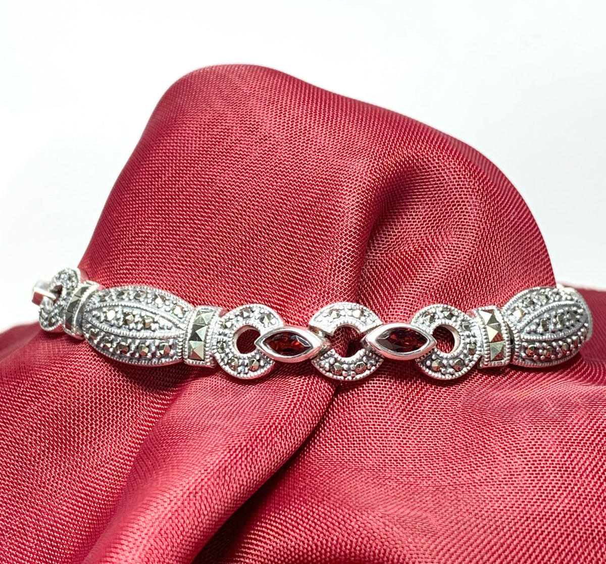 Real garnet and marcasite sterling silver bracelet