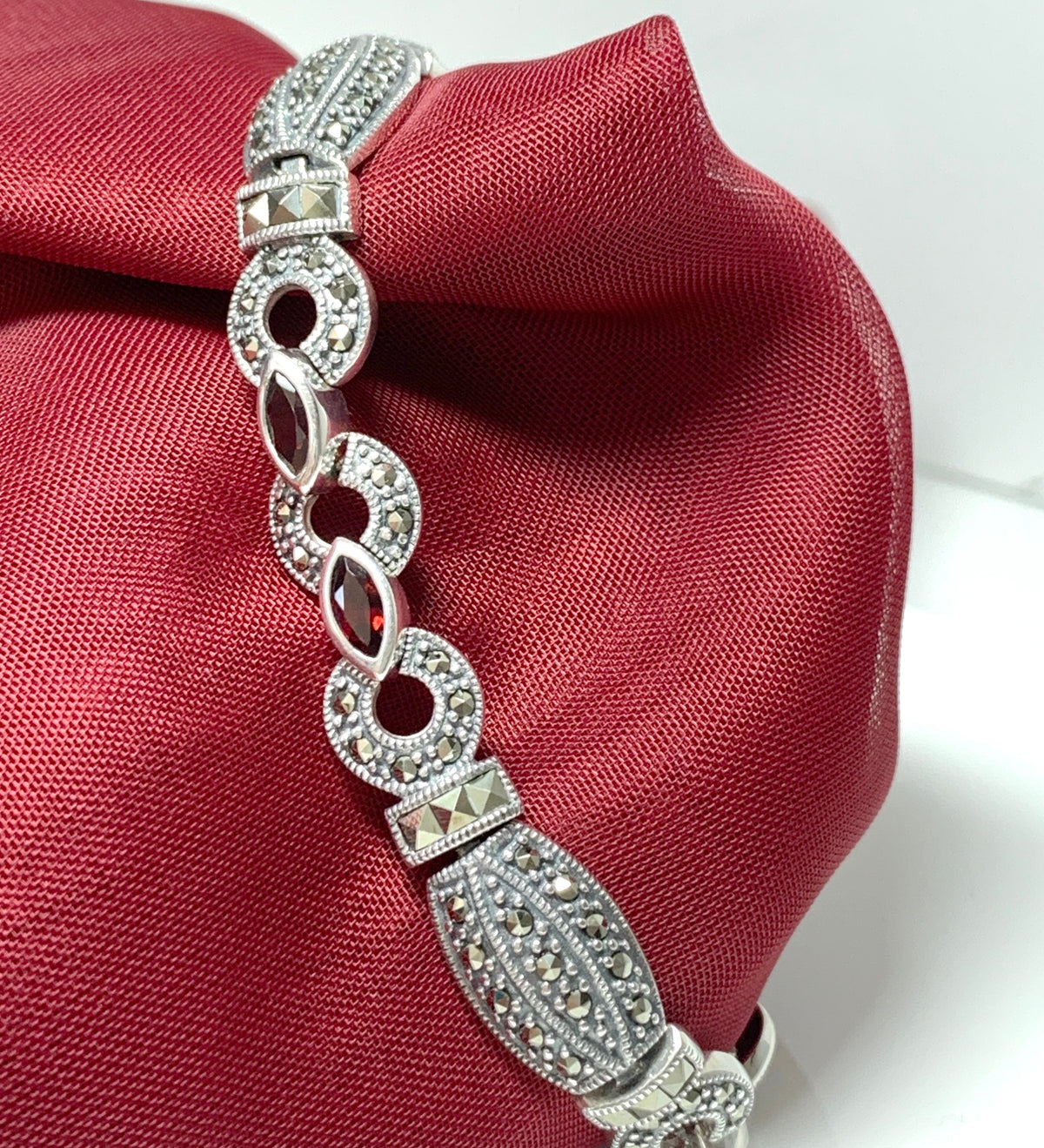 Real garnet and marcasite sterling silver bracelet