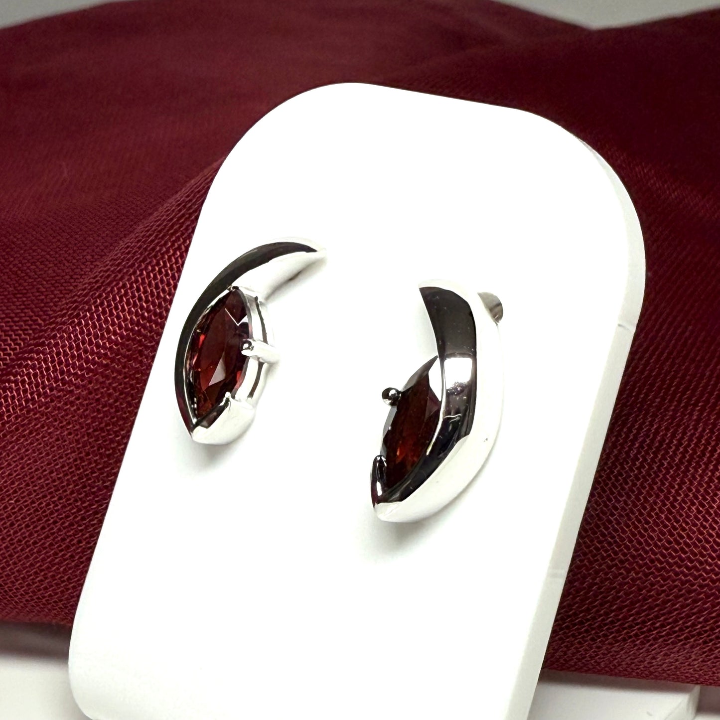 Real red garnet earrings fancy stud swirl marquise shape