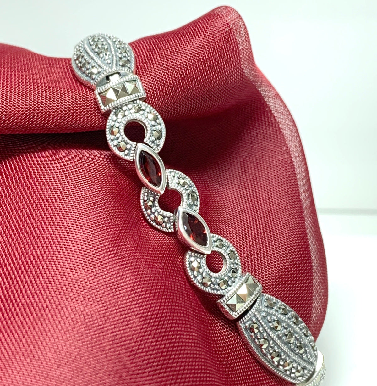 Real garnet and marcasite sterling silver bracelet