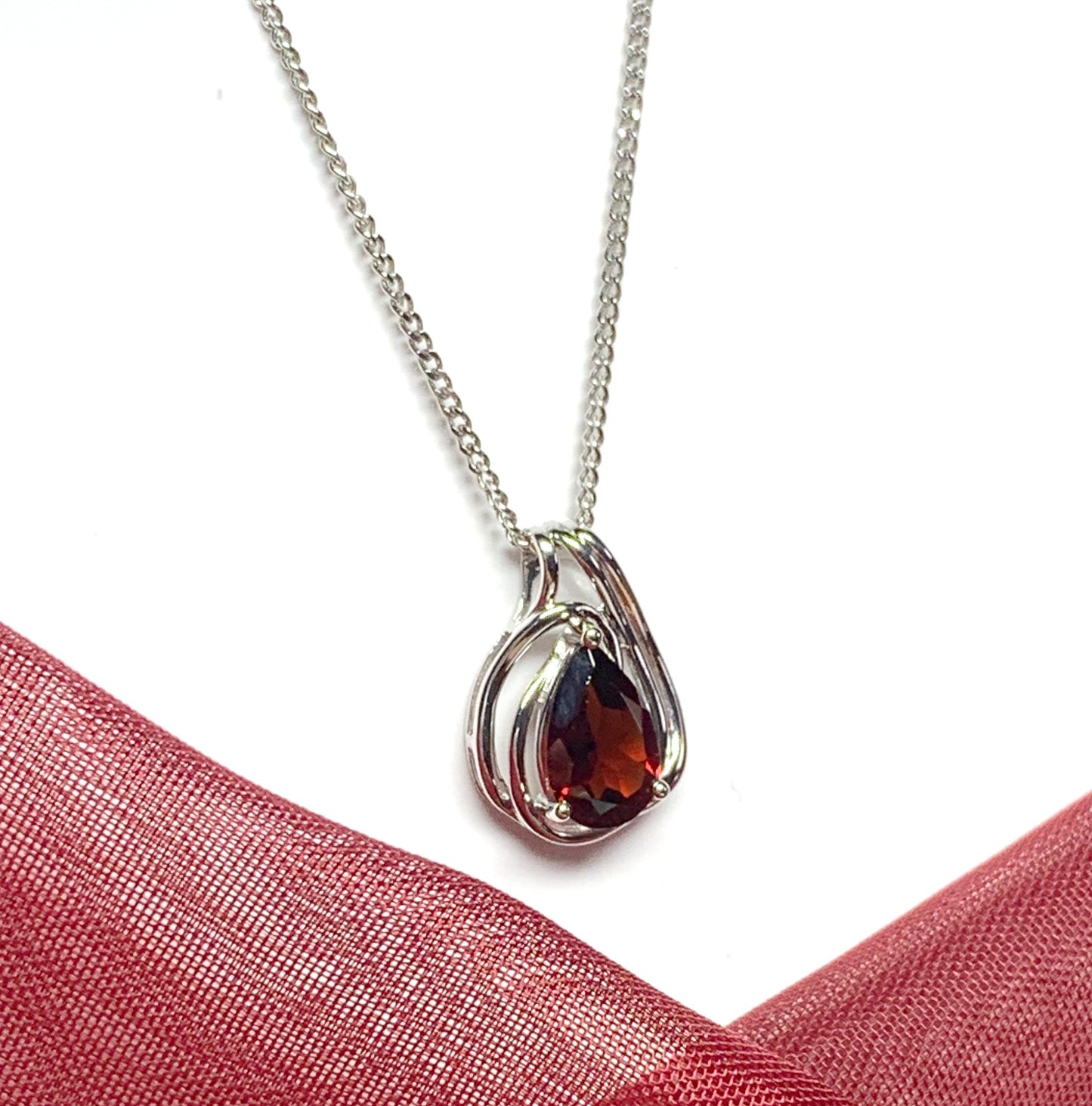 Real red garnet pear shaped fancy pierced necklace white gold pendant