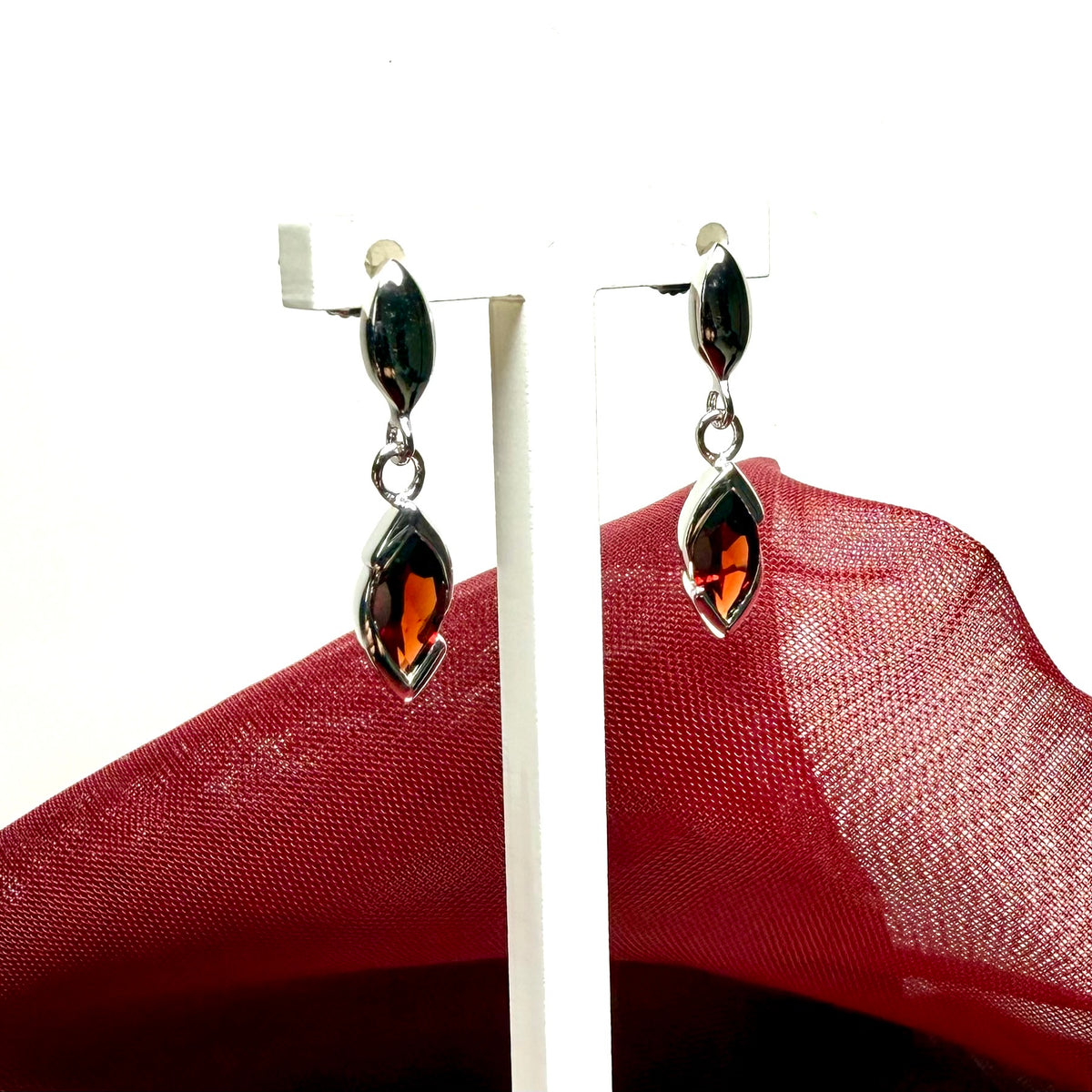 Real garnet sterling silver marquise shaped drop earrings
