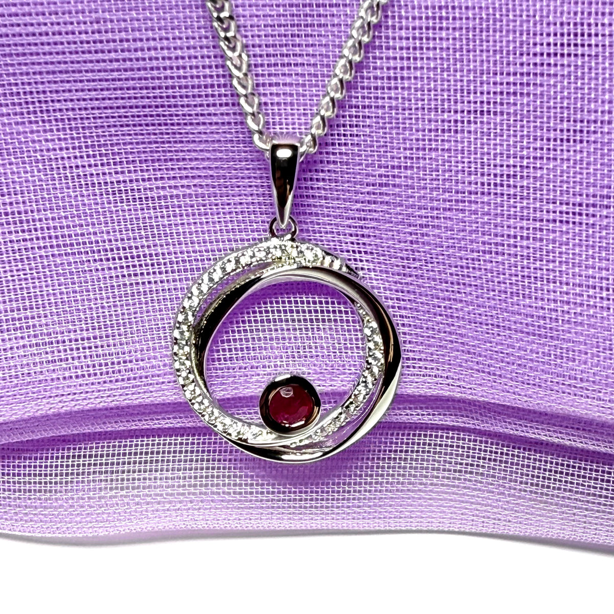 Real red ruby and cubic zirconia round necklace swirl pendant