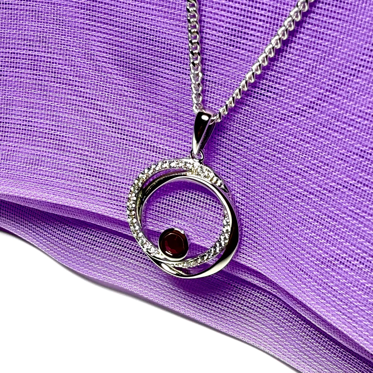 Real red ruby and cubic zirconia round necklace swirl pendant on chain
