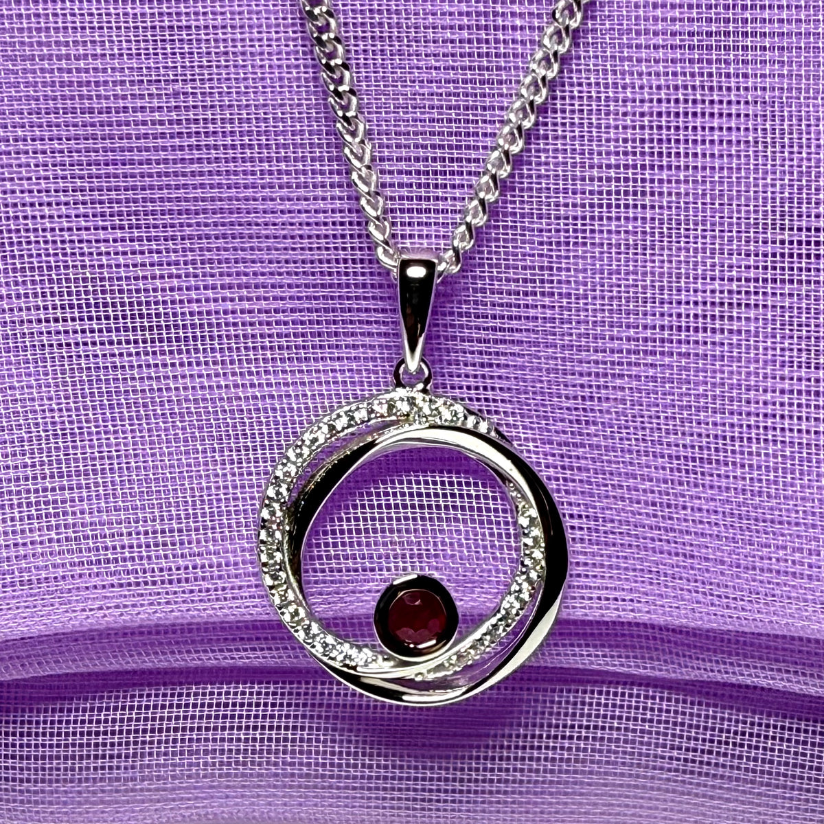Real red ruby and cubic zirconia round necklace swirl pendant on chain