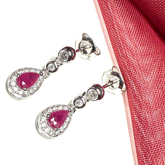 Real red ruby and cubic zirconia sterling silver dropped earrings pear or teardrop shaped