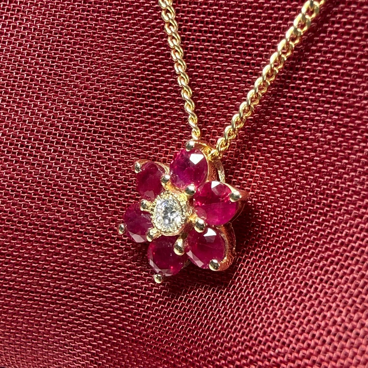 Real red ruby and diamond yellow gold fancy daisy shaped cluster necklace