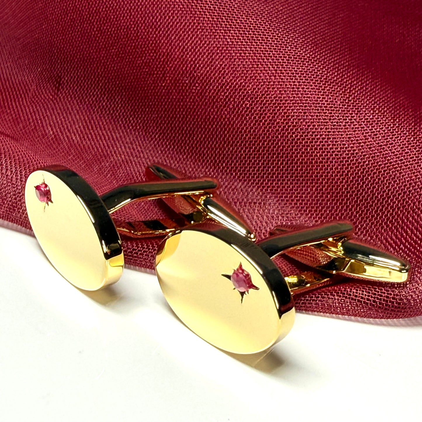 Real ruby oval shaped cufflinks gold plated