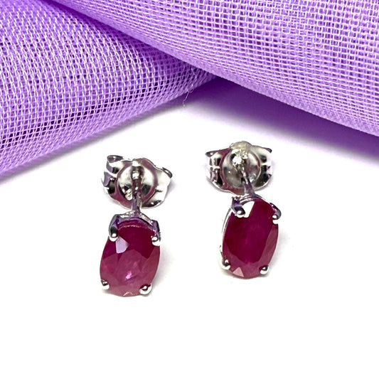Real red ruby white gold stud earrings oval in shape