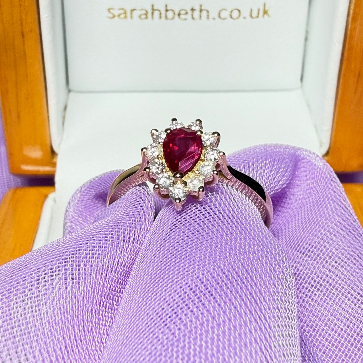 Real ruby and real diamond pear teardrop shaped cluster ring yellow gold