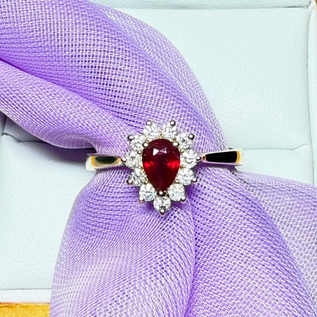 Real ruby and real diamond pear teardrop shaped cluster ring yellow gold