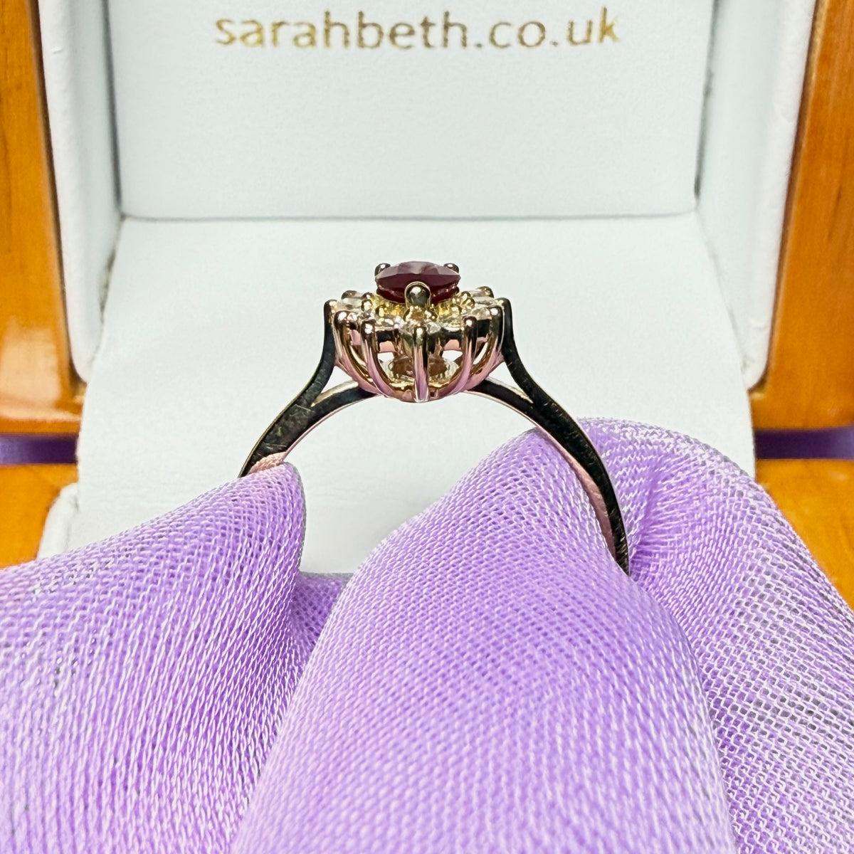 Real ruby and real diamond pear teardrop shaped cluster ring yellow gold