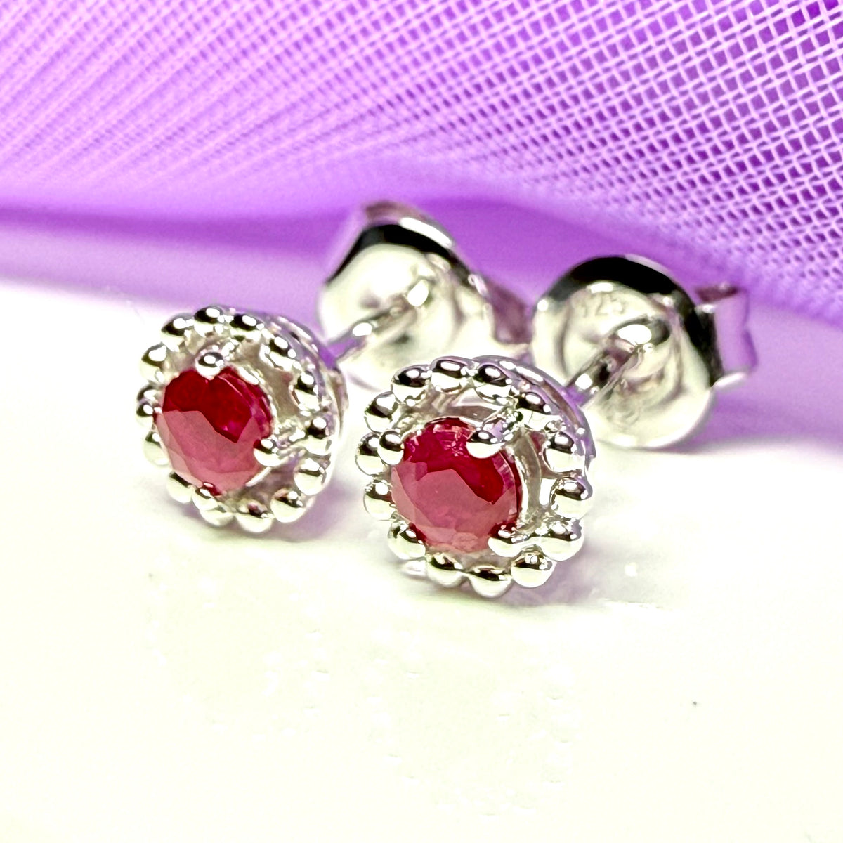 Real ruby small round stud earrings sterling silver