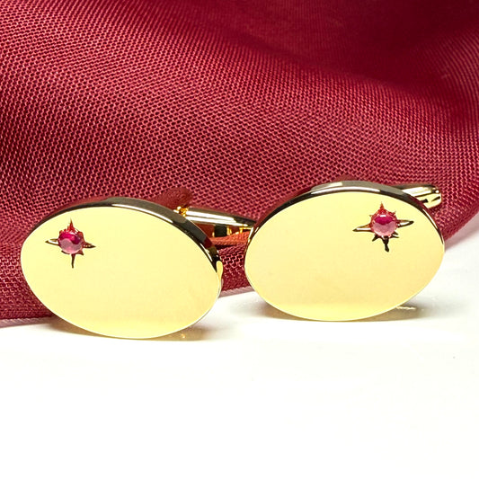 Real ruby oval shaped cufflinks gold plated