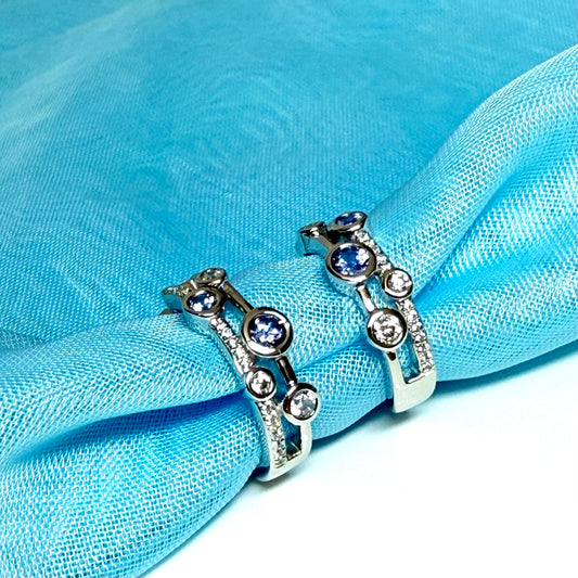 Real tanzanite and cubic zirconia half hoop earrings sterling silver