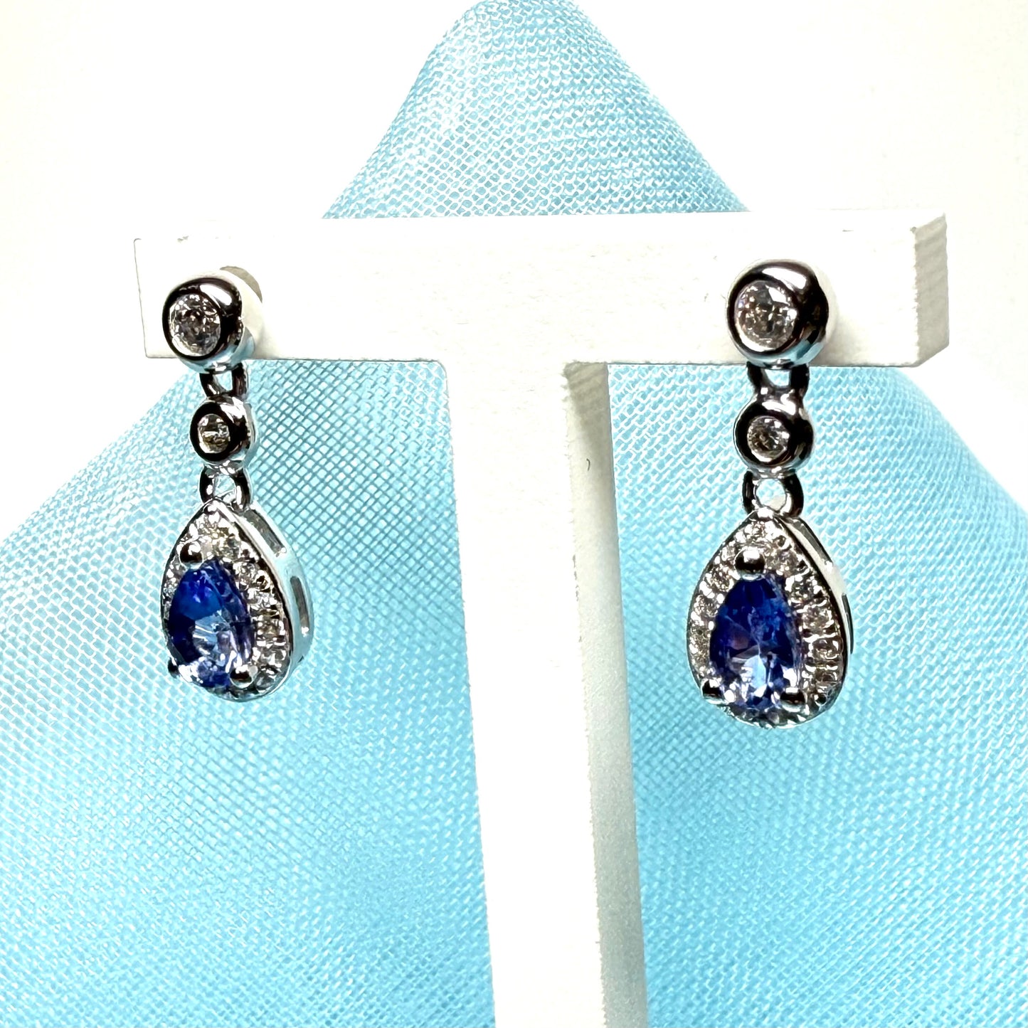 Real tanzanite and cubic zirconia sterling silver dropped earrings pear or teardrop shaped