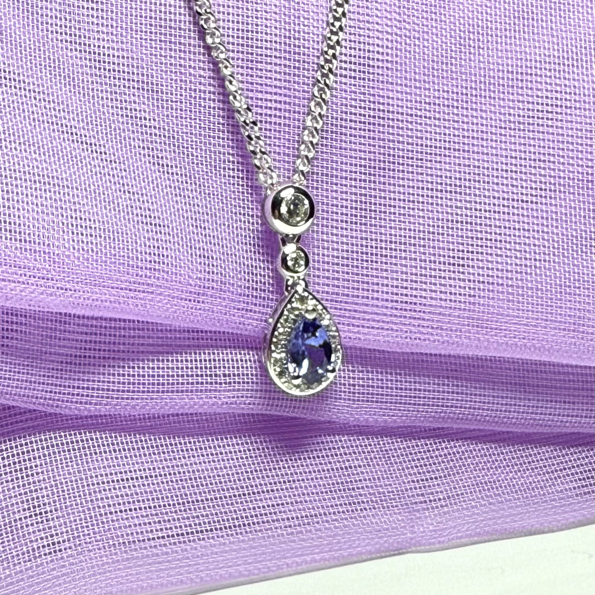 Real tanzanite and real diamond pear shaped necklace sterling silver