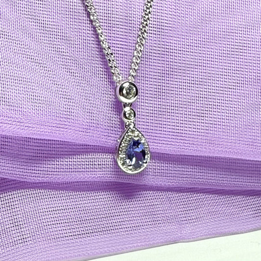 Real tanzanite and real diamond pear shaped necklace sterling silver