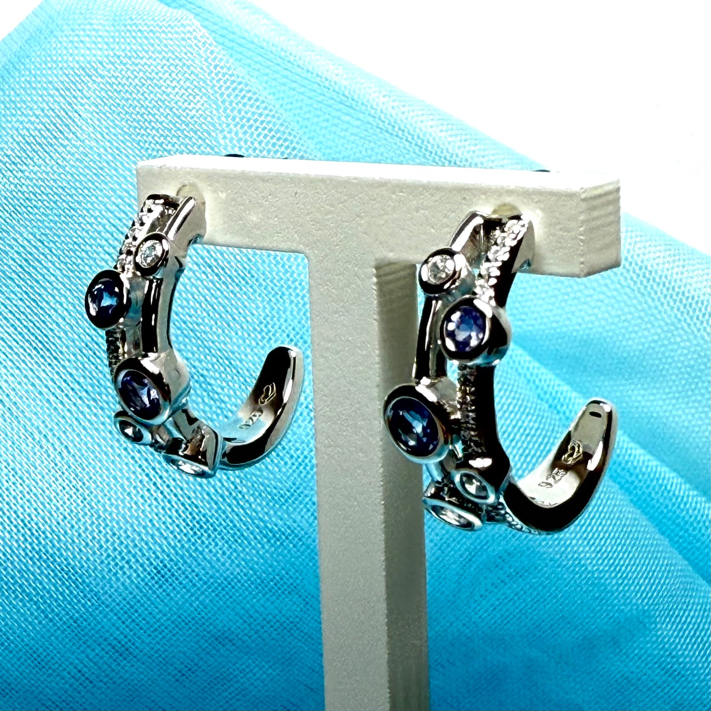 Real tanzanite and cubic zirconia half hoop earrings sterling silver