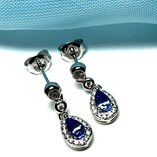 Real tanzanite and cubic zirconia sterling silver dropped earrings pear or teardrop shaped