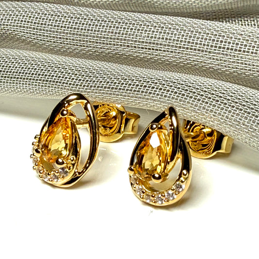 Real yellow citrine and real cubic zirconia pear and round drop earrings sterling silver with yellow gold plating