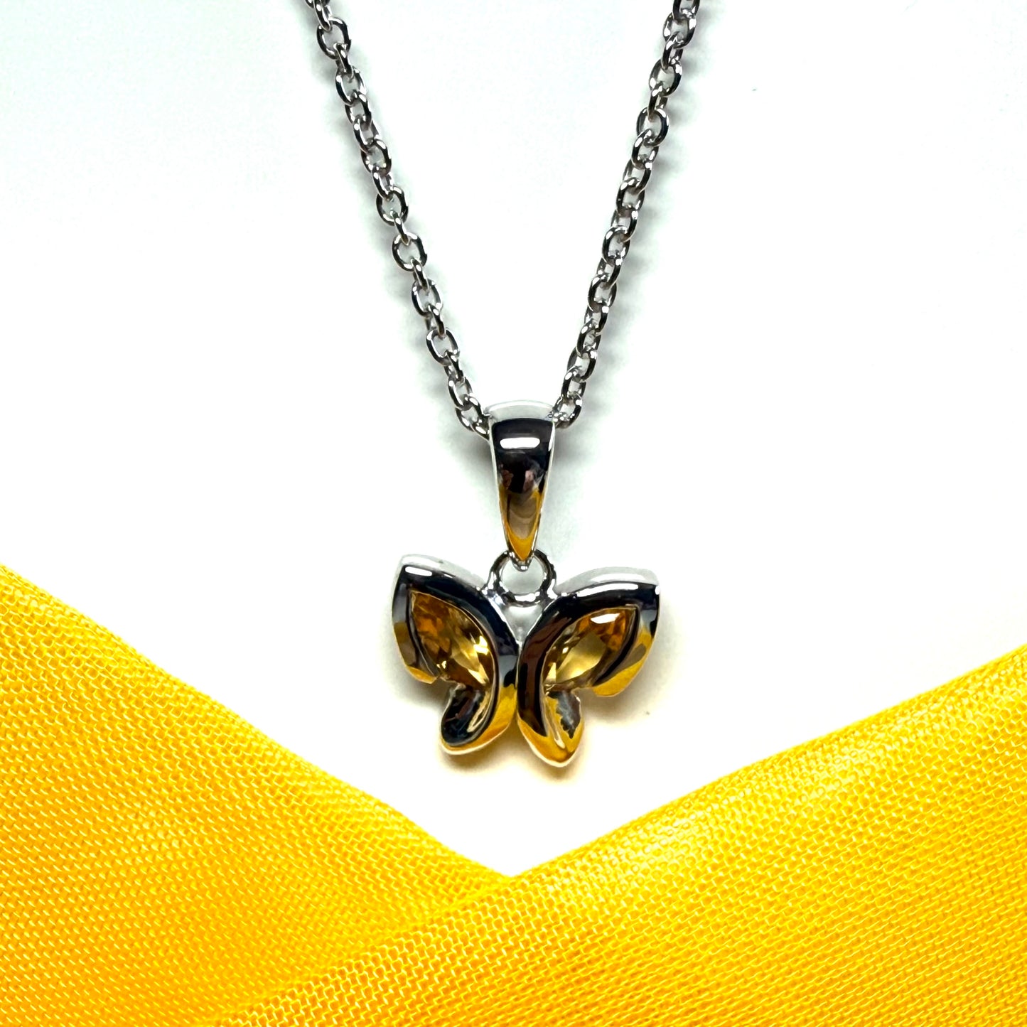 Real yellow citrine butterfly shape necklace pendant sterling silver