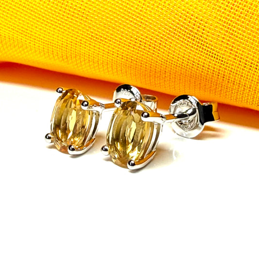 Real yellow citrine earrings fancy stud oval claw set