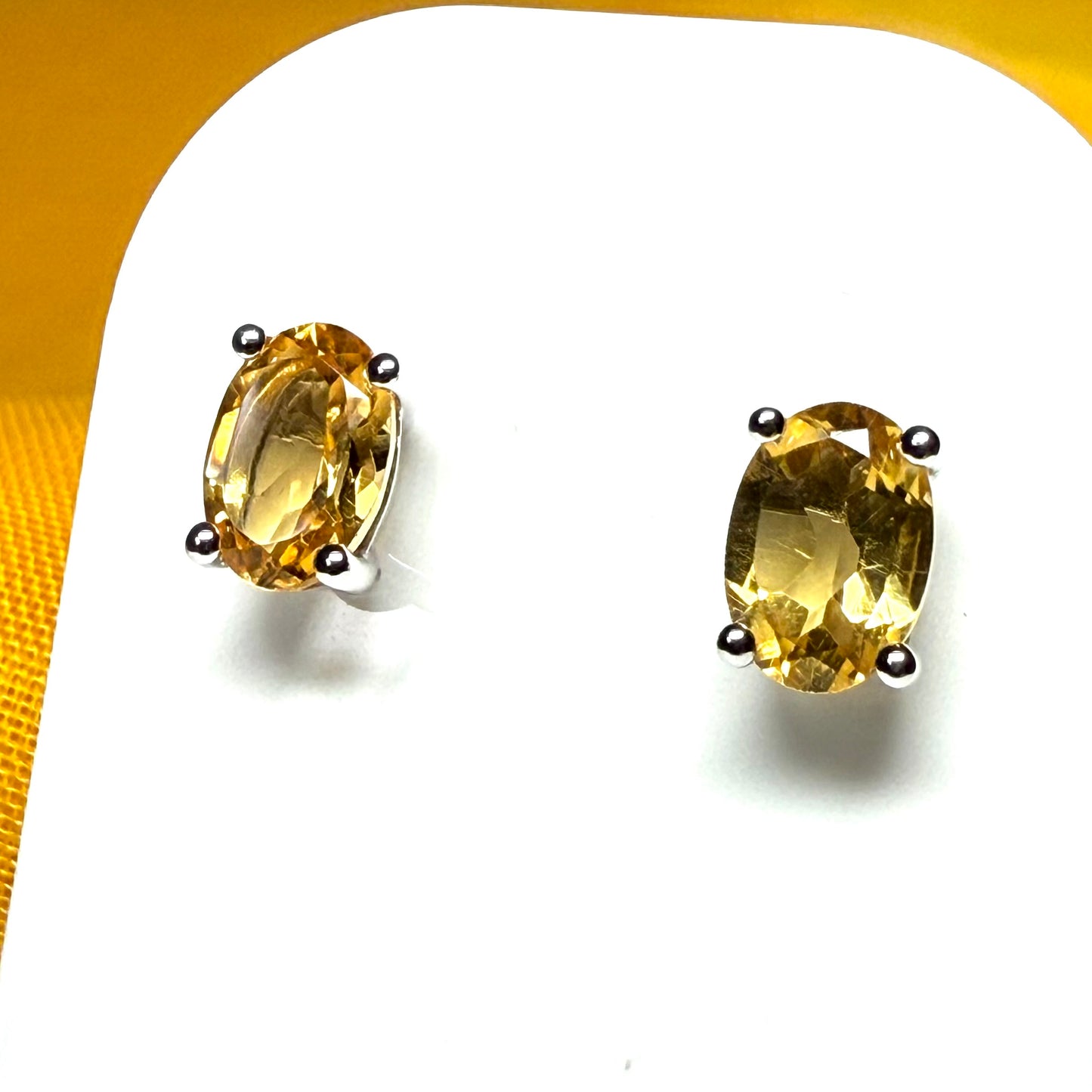 Real yellow citrine earrings fancy stud oval claw set