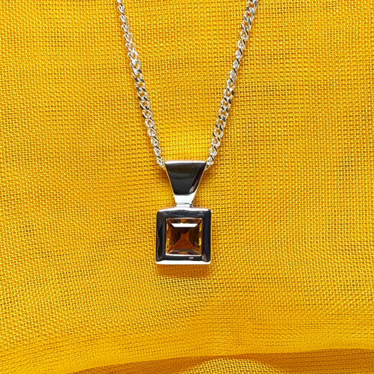 Real yellow citrine square shaped sterling silver necklace