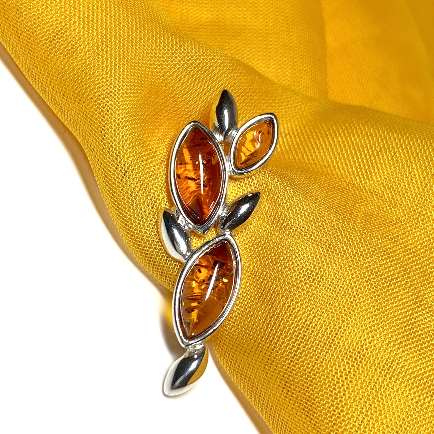 Real amber brooch sterling silver marquise shaped