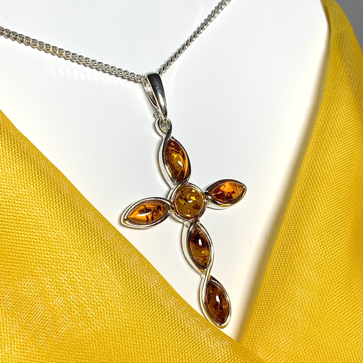 Real amber cross necklace sterling silver